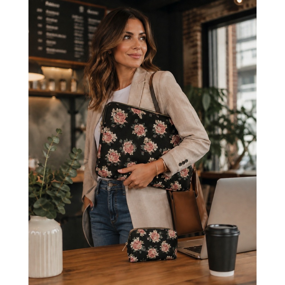 Domiso 17 Laptop Sleeve Set / 2 Women Black Floral Rose Padded Vintage Chic 2